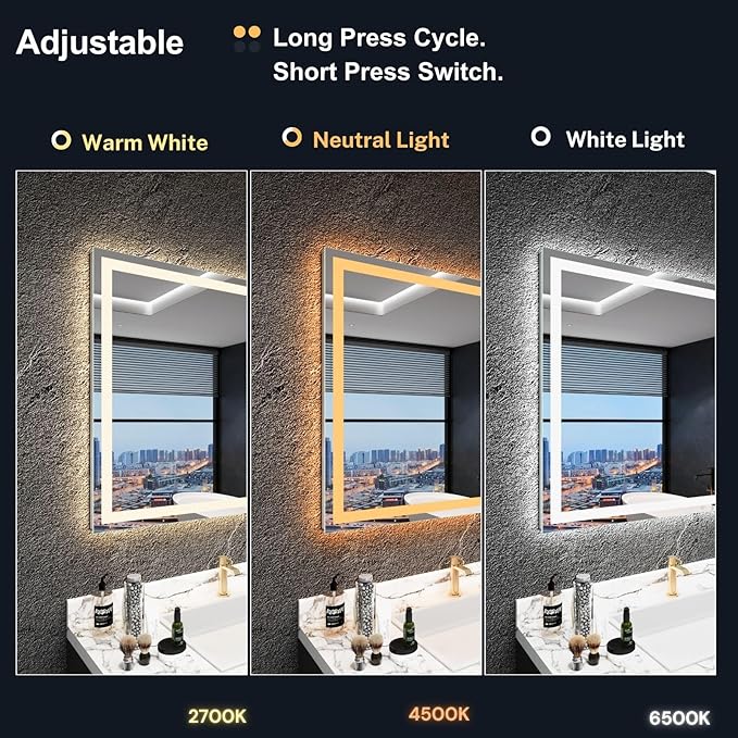 LED Bathroom Mirror with Lights 44"x 30", Anti-Fog, Dimmable, Backlit + Front Lit, Lighted Bathroom Vanity Mirror for Wall, Memory Function, Tempered Glass (Horizontal/Vertical)