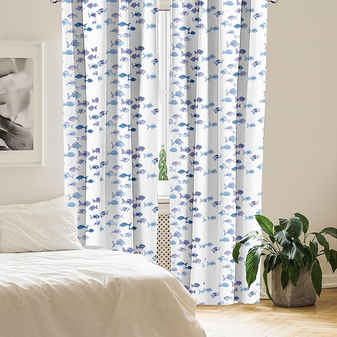 Ambesonne Animal Window Curtains Pack of 2, Little Fishes Watercolors Ocean Underwater Life Marine Theme Art, Lightweight Set with Rod Pocket, 4 Panels of - 28" x 84", Blue