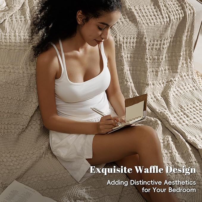 PHF 100% Cotton Waffle Weave Blanket Queen Size for Bed, Soft Lightweight & Breathable, All-Season Comfort, Luxury Aesthetic Woven Bedding for Home Decor, 90"x90", Taupe