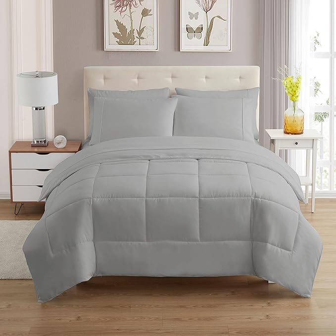 Sweet Home Collection 7 Piece Comforter Set Bag Solid Color All Season Soft Down Alternative Blanket & Luxurious Microfiber Bed Sheets, Silver, Queen