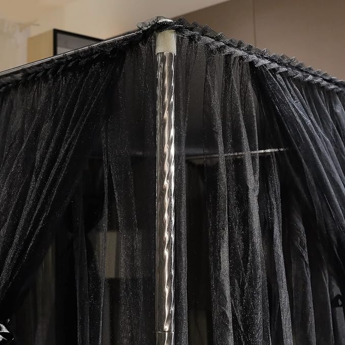 Joyreap 4 Corners Post Canopy Bed Curtain Black- Queen Size Royal Luxurious Cozy Drapes Netting- Elegant Bedroom Decoration Accessories for Adults