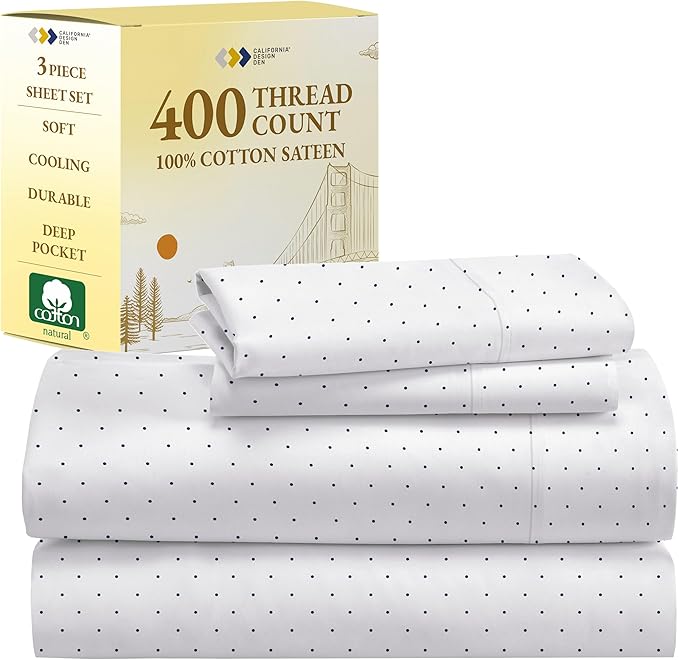 California Design Den Deep Pocket Twin Sheets Set - 400 Thread Count Sateen, Natural 100% Cotton Sheets, Cooling and Durable Bedding Set - Polka Dot