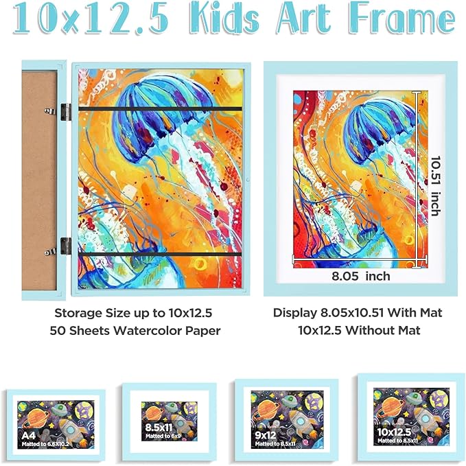 KINLINK 10x12.5 Kids Art Frames Set of 2, Solid Wood Kids Artwork Frames Changeable with Acrylic Front Opening Holds 150 Pictures, Art Frame for Kids Artwork with Mat or without Mat, Light Blue