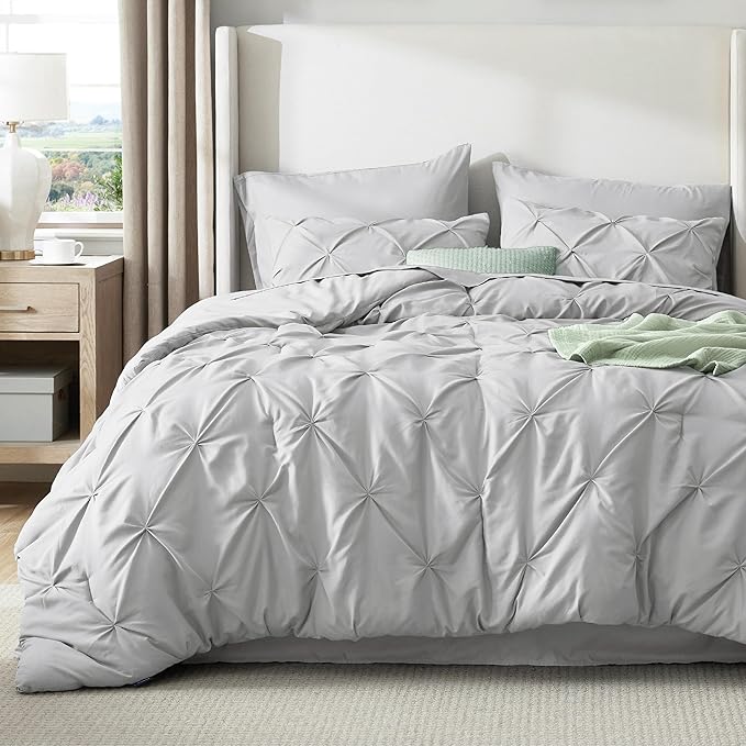 Bedsure King Size Comforter Set Light Grey - Bed in a Bag Bedding Set 7 Pieces, GentleSoft™ Pintuck Bed Set Gift for Family, Pinch Pleat Light Grey Comforter with Sheets, Pillowcases & Shams