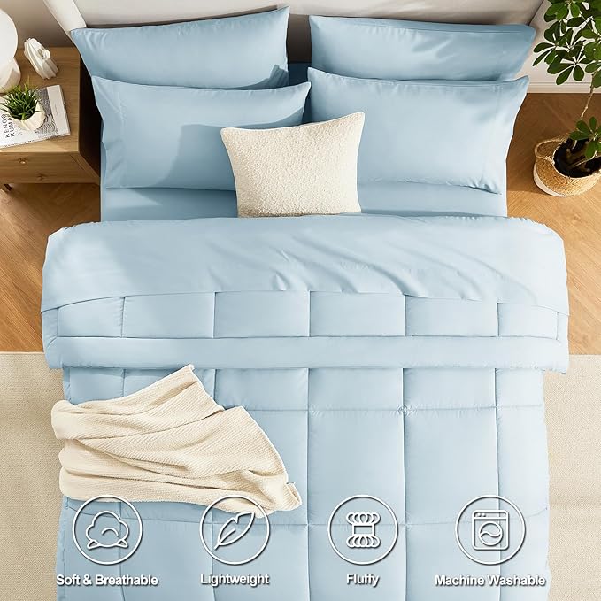 CozyLux Twin XL Comforter Set Light Blue, 5 Pieces Twin Extra Long Bed in a Bag for College Dorm, All Season Bedding Set with Stitch Quilted Comforter, Flat Sheet, Fitted Sheet, Pillowcases