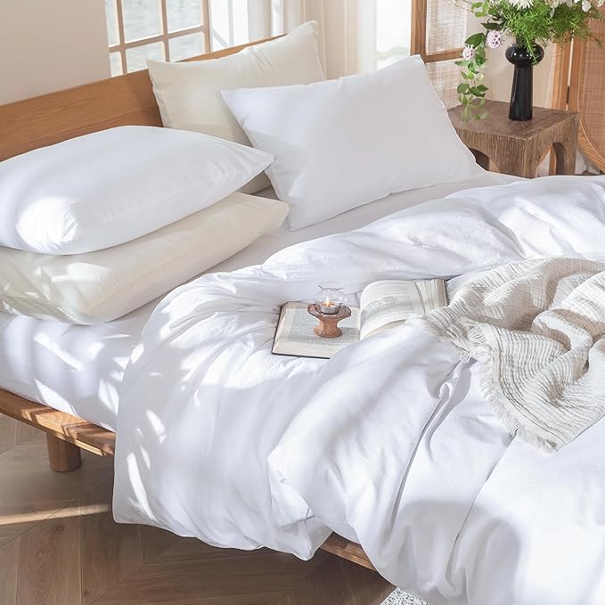 MooMee Bedding Duvet Cover Set 100% Washed Cotton Linen Like Textured Breathable Durable Soft Comfy (Solid Bright White, Alaska King 132"x120")