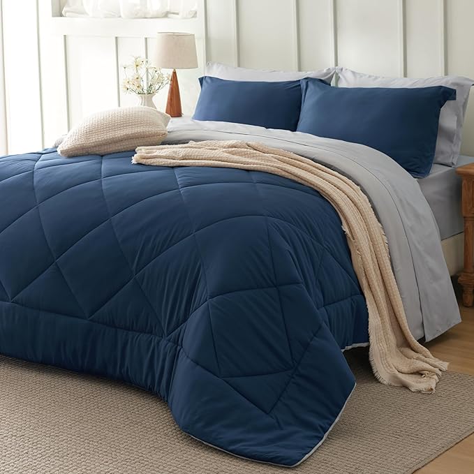 Bedsure King Size Comforter Set - 7 Pieces Reversible Navy Bedding, King Size Bed Set for All Seasons, Bed in a Bag with Down Alternative Comforter, Sheets, Pillowcases & Shams