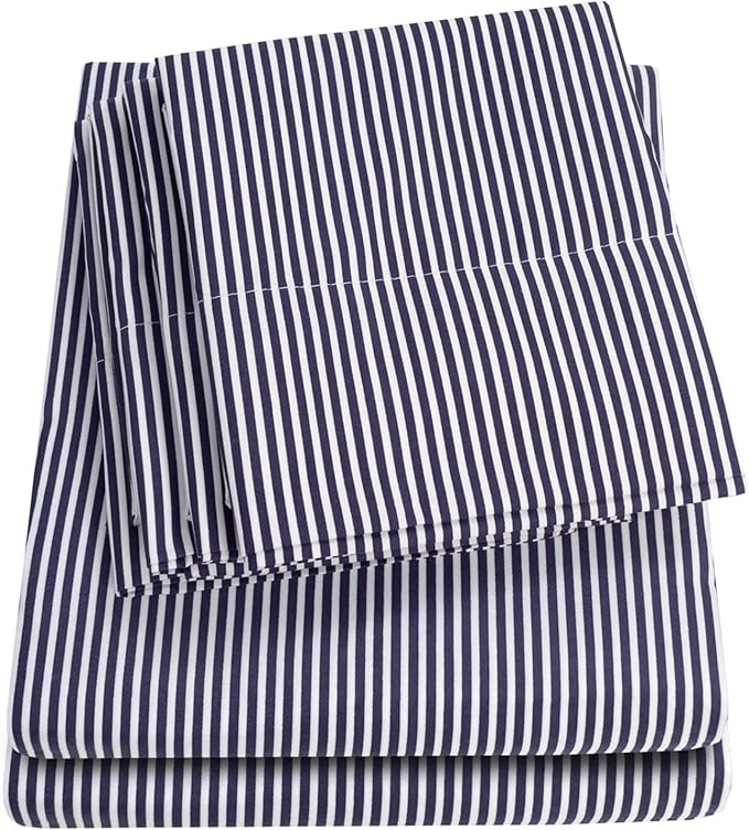 Queen Sheets Stripe Navy - 6 Piece 1500 Supreme Collection Fine Brushed Microfiber Deep Pocket Queen Sheet Set Bedding - 2 Extra Pillow Cases, Great Value, Queen, Classic Stripe Navy