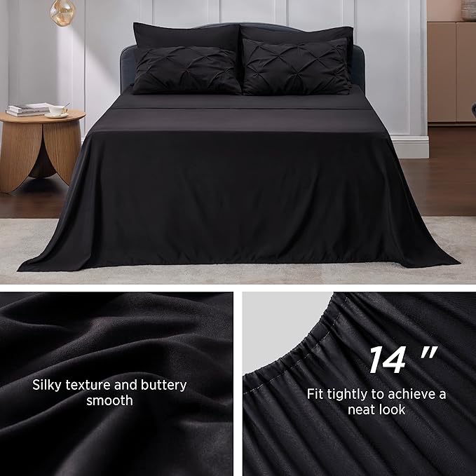 Bedsure King Size Comforter Set Black - Bed in a Bag Bedding Set 7 Pieces, GentleSoft™ Pintuck Bed Set Gift for Family, Pinch Pleat Black Comforter with Sheets, Pillowcases & Shams