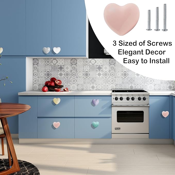 Ceramic Drawer Knobs Heart Shape Colorful Heart Cabinet Dresser Pulls Handles with 3 Sized Screws, Kitchen Furniture Knobs for Closet Cupboard Wardrobe (Mixed Color, 6 Pack) (6packmixcolor)