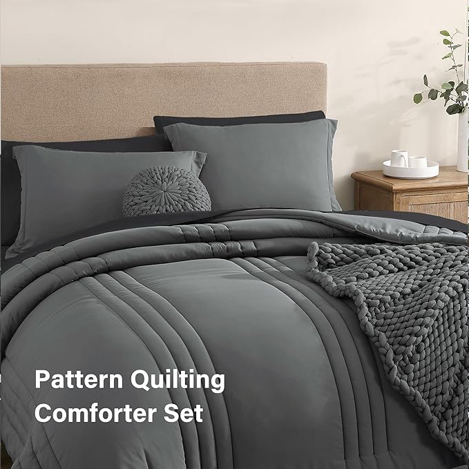 Monbix Queen Comforter Set - 7 Pieces Grey Bed in a Bag Queen Bedding Sets with Comforters, All Seasons Down Alternative Comforter Bed Set with Sheets,Pillowcases & Shams