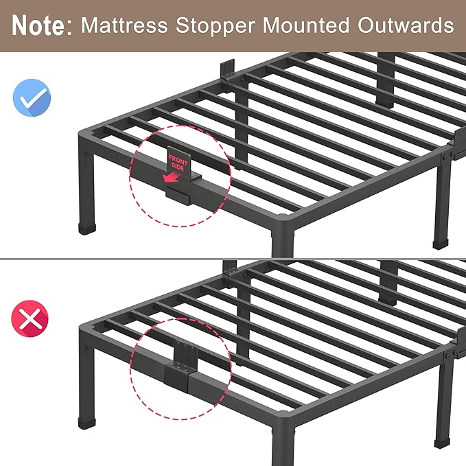 ROIL 14 inch King Size Bed Frame Metal Platform No Box Spring Needed with Headboard Hole Round Corner Legs Mattress Stoppers Retainers 3500LBS Heavy Duty Steel Slats Noise-Free