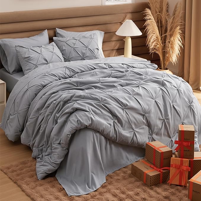 Bedsure King Size Comforter Set - Bedding Sets King 7 Pieces, Pintuck Bed in a Bag Grey Bed Set with Comforter, Sheets, Pillowcases & Shams