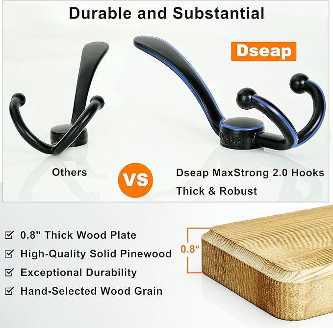 Dseap Coat Rack Wall - Heavy-Duty 38-1/4" Long, with Reinforced 10 Custom Tri-Hooks, Solid Wood Wall Hanger for Coats Hat Jackets - Rustic Farmhouse Entryway Storage, Black, Pack of 2
