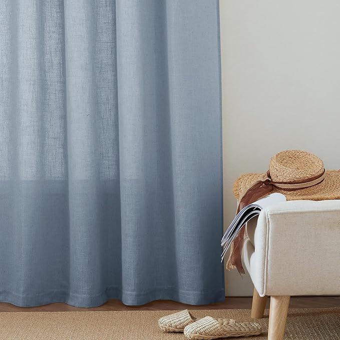 RYB HOME Boho Linen Curtains 90 inches Long, Light Filtering Vertical Texture for Living Room Glass Door Nursery Dining Room, Privacy Assured Natural Fabric Drapes, Dusty Blue, W 60 x L 90, 1 Pc