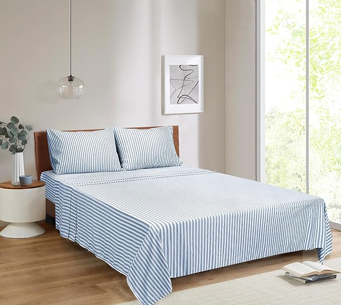 Mejoroom Striped Full Size Sheets - 1800TC Luxury Full Sheets with 16 Inch Deep Pocket - Premium Bedding Collection - Extra Soft, Breathable, Wrinkle, Fade & Stain Resistant - 4 Piece (Blue Stripe)