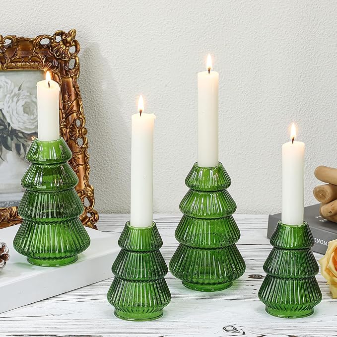 Leinuosen 4 Pcs Christmas Tree Candle Holder Green Glass Candlestick Holder for Taper Candle Stand Modern Green Candlestick for Christmas Holiday Table Centerpiece Mantel Home Room Party Decor Gift
