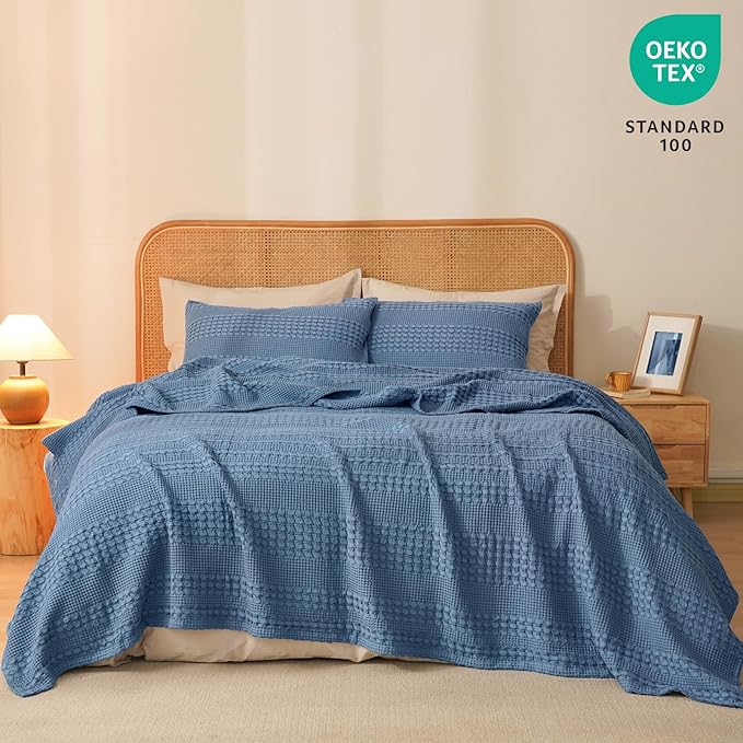 PHF 100% Cotton Waffle Weave Blanket Twin Size for Bed, Soft Lightweight & Breathable, All-Season Comfort, Luxury Aesthetic Woven Bedding for Home Decor, 66"x90", Denim Blue