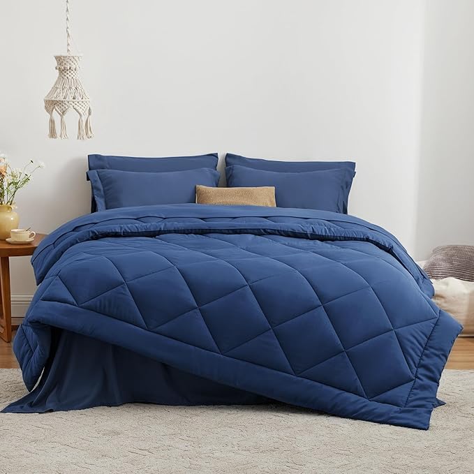 Love's cabin Full Comforter Set Dark Blue, 7 Pieces Full Bed in a Bag, All Season Bedding Sets with 1 Comforter, 1 Flat Sheet, 1 Fitted Sheet, 2 Pillowcase and 2 Pillow Sham