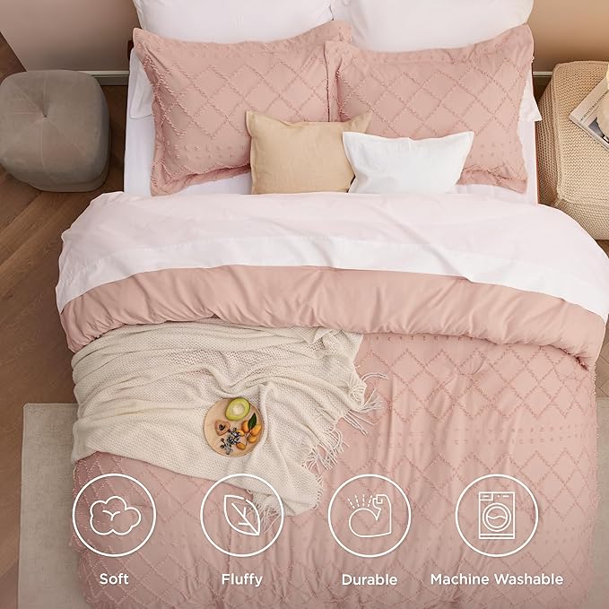 Bedsure California King Comforter Set - Coral Pink Comforter, Boho Tufted Shabby Chic Bedding for Kids, 3 Pieces Vintage Farmhouse Bed Set for All Seasons, Fluffy Soft Bedding with 2 Pillow Shams