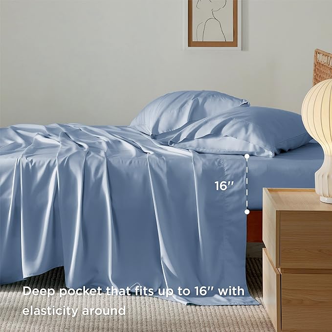Bedsure Queen Sheet Set, Cooling Sheets for Queen Size Bed Set, Rayon Derived from Bamboo, Breathable & Soft, Deep Pocket, Hotel Luxury Silky Bedding for Hot Sleepers, Dusty Blue