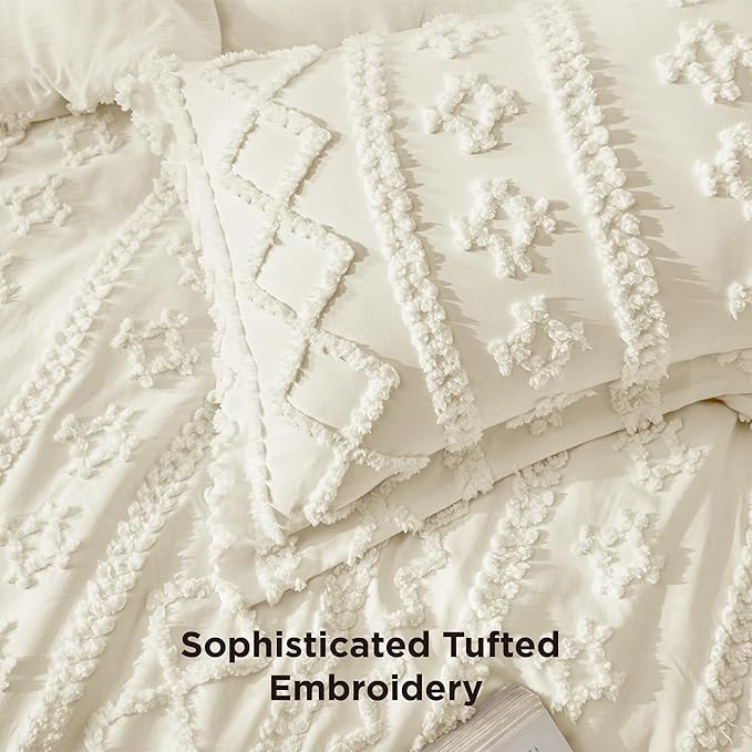 Bedsure Tufted Boho Comforter Set Oversized King - Ivory Boho Bed Set, GentleSoft™ 3 Pieces Farmhouse Shabby Chic Embroidery Bedding, Gifts for Woman, Soft Jacquard Comforter for All Seasons