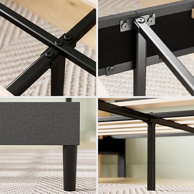 ZINUS Queen Piper Upholstered Platform Bed with Horizontal Paneled Headboard, Wooden Slat Support, No Box Spring Needed, Easy Assembly, Eco Friendly Packaging, Dark Grey