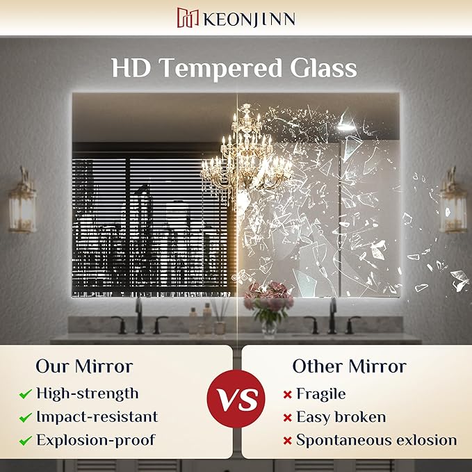 Keonjinn Backlit Mirror Bathroom 30” x 36”, Anti-Fog Mirror with Lights, CRI90+ HD Tempered Glass, Waterproof, UL Listed, Stepless Dimmable Vanity Mirror with High Lumen