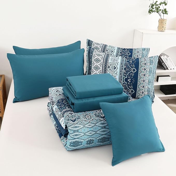 Cottolester Boho Blue Comforter Set Queen Size 8 Pieces,Teal Blue Comforter Bohemian Striped Bed in A Bag,Soft Microfiber Bedding Set for All Seasons