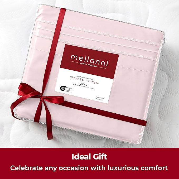 Mellanni Split King Sheets Set - 5 PC Iconic Collection Bedding - Hotel Luxury, Extra Soft, Cooling Bed Sheets - Wrinkle, Fade, Stain Resistant (Split King, Blush Pink)