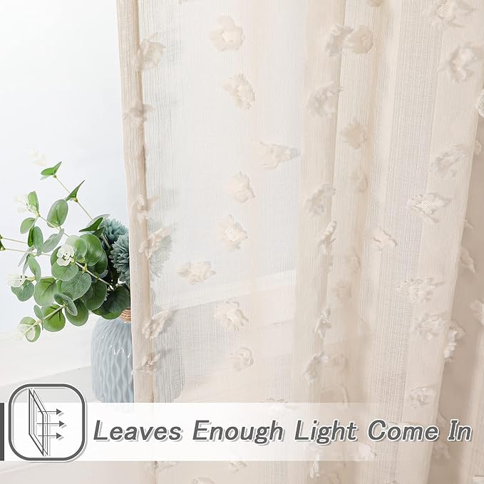 MYSKY HOME Beige Sheer Short Curtains with Pom Pom for Small Windows Bedroom Nursery Kids Girls Room Curtains Cafe Kitchen Light Filtering Boho Drapes, Rod Pocket,38 x 54 Inches, 2 Panels