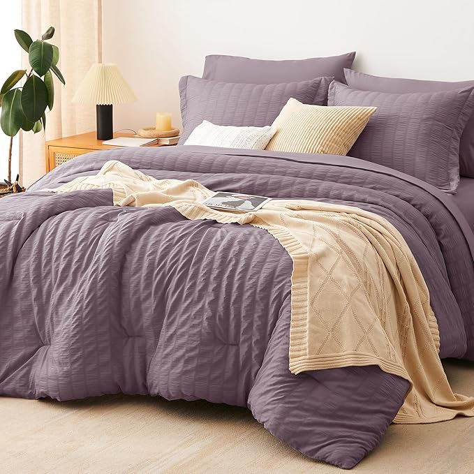 CozyLux King Size Comforter Set Dusty Purple Seersucker 7 Pieces Bed in a Bag King Comforter Set with Sheets, Luxury Bedding Set with Down Alternative Comforter, Sheets, Pillowcases & Shams All Season