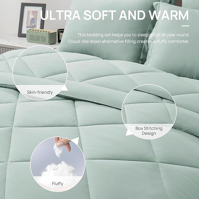 Love's cabin California King Comforter Set Aqua, 7 Pieces California King Bed in a Bag, All Season Bedding Sets with 1 Comforter, 1 Flat Sheet, 1 Fitted Sheet, 2 Pillowcase and 2 Pillow Sham