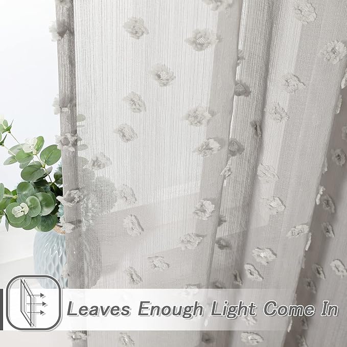 MYSKY HOME Grey Sheer Short Curtains with Pom Pom for Small Windows Bedroom Nursery Kids Girls Room Curtains Cafe Kitchen Light Filtering Boho Drapes, Rod Pocket,38 x 45 Inches, 2 Panels