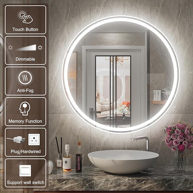 24 Inch Round LED Bathroom Mirror,Front & Backlit Lighted Bathroom Vanity Mirror, 6000K, CRI 90+, Dimmable, Touch, Anti-Fog