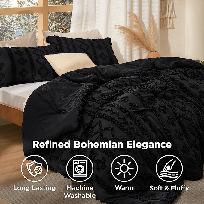 Bedsure Tufted Boho Comforter Set Queen Size - Black Boho Bed Set, GentleSoft™ 3 Pieces Farmhouse Shabby Chic Embroidery Bedding, Gifts for Woman, Soft Jacquard Queen Comforter for All Seasons