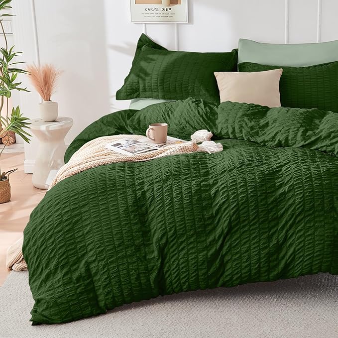 HYMOKEGE Dark Green/Sage Green California King Comforter Set Seersucker 7 Pieces, All Season Luxury Bed in a Bag for Bedroom, Bedding Set with Comforter, Sheets, Pillowcases & Shams