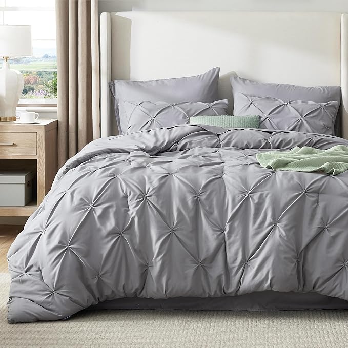 Bedsure Oversized King Comforter Set Grey - Bed in a Bag Bedding Set 7 Pieces, GentleSoft™ Pintuck Bed Set Gift for Family, Pinch Pleat Grey Comforter with Sheets, Pillowcases & Shams