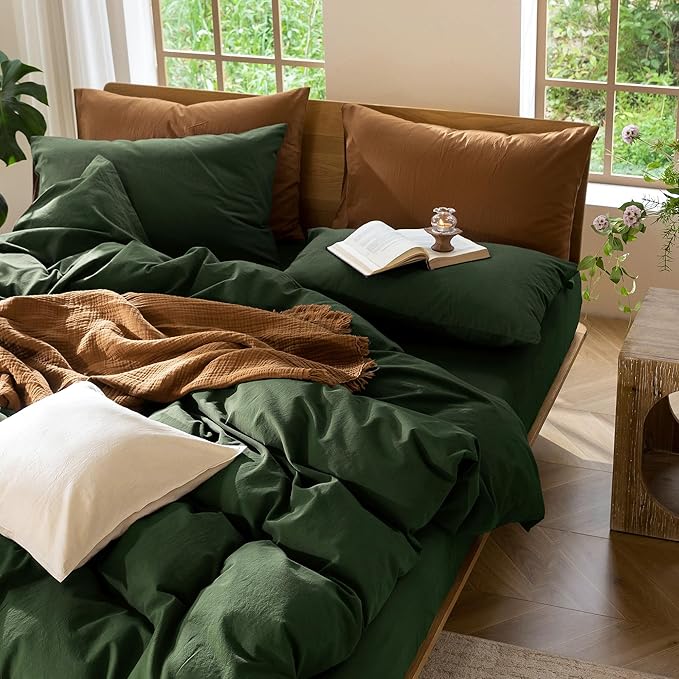 MooMee Bedding Duvet Cover Set 100% Washed Cotton Linen Like Textured Breathable Durable Soft Comfy (Solid Forest Green, Super King Plus 120"x120")