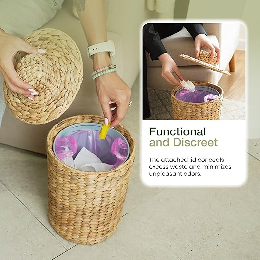 2 Gallons Wicker Waste Basket - Water Hyacinth Bathroom Garbage Can with a Lid - Bathroom Trash Can Boho Style - Wicker Trash Can with Lid for Household, Kitchen - Removable Liner, Iron Frame