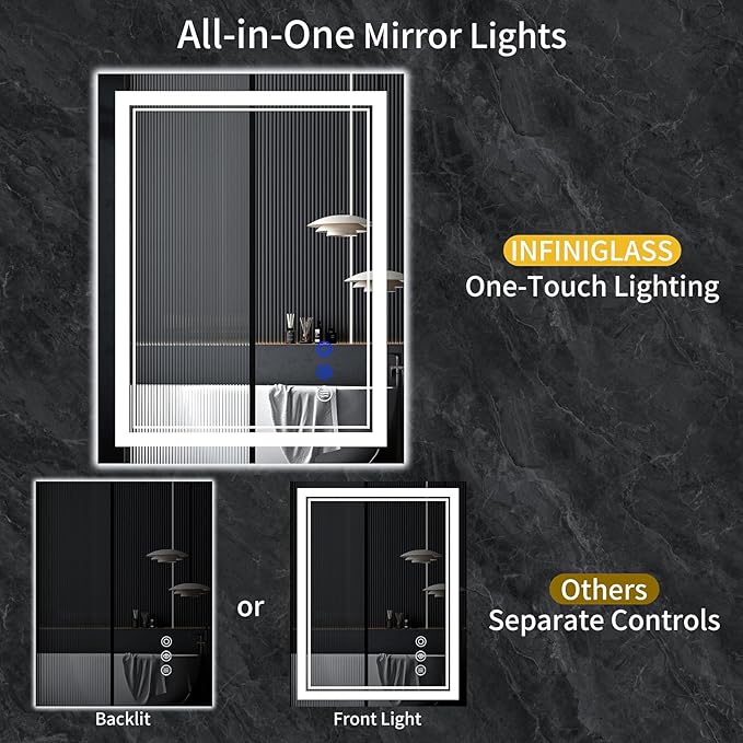 32"x28" LED Bathroom Mirror with Anti-Fog, Stepless Dimmable Lights, 3 Color Modes, Shatter-Proof Tempered Glass, Memory Function & Waterproof Design