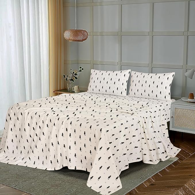 RUVANTI Flannel Sheets King Size - 100% Cotton Brushed King Size Sheets Set - Deep Pockets 16 Inches Bed Sheets - All Seasons Breathable & Extra Soft - Warm & Cozy, 4 Piece, Black Cat