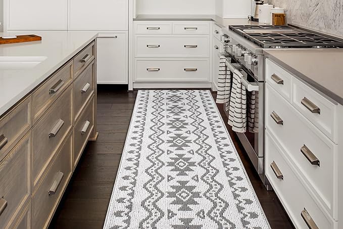 Custom Size Southwestern Style Runner Rug Mat for Wide Hallway Entryway Kitchen Laundry Room with Slip Resistant Latex Rubber Backing, Aztec Light Grey, 31 inch X 8 feet