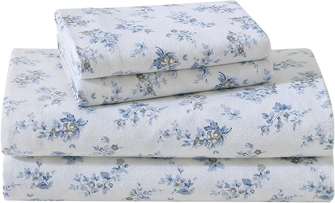 Laura Ashley - Flannel Sheets Full Size, Anti-Pilling & Wrinkle Resistant Cotton, Touchably Soft for All-Season Comfort - Bed Sheets with Matching Pillowcases & Fitted Sheet (Audrey Blue)