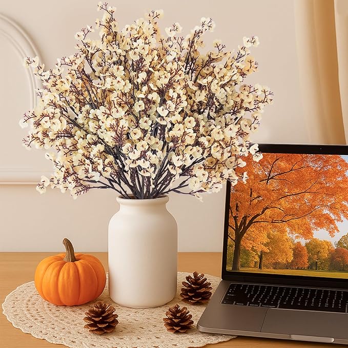 Uieke 15 Pcs Artificial Flowers Baby Breath Faux Champagne Artificial Gypsophila Bouquet Fake Silk Flowers Real Touch for Home Office Kitchen Wedding Wall DIY Room Farmhouse Décor