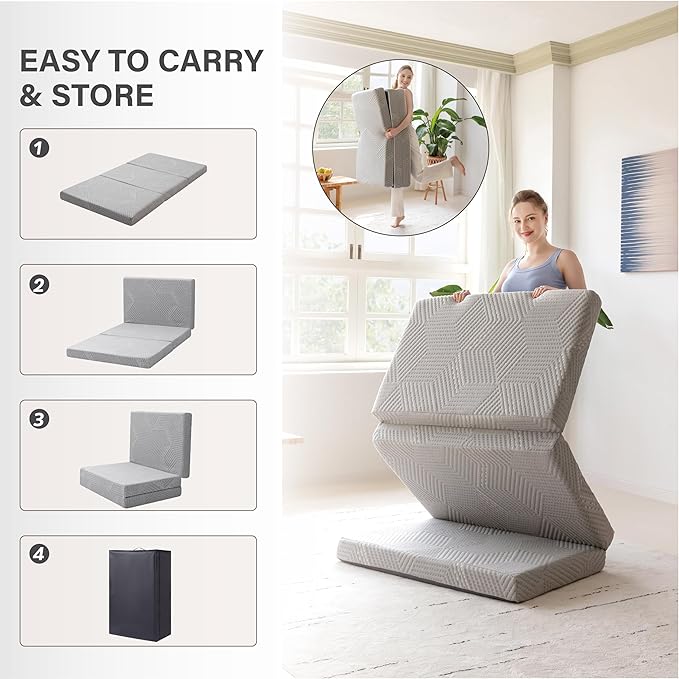 Tri-Fold Memory Foam Mattress, 6 inch Queen Folding Topper with Collapsible and Washable Cover, Travel and Guest Mat, 80"×60"×6", Grey