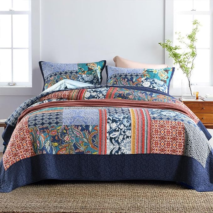 Secgo Queen Comforter Set for Bed - 100% Cotton Quilts Queen Size, Navy, Bohemia Bedspreads (90 * 98 Inch) with 2 Pillow Shams, Patchwork Reversible Lightweight Bedding