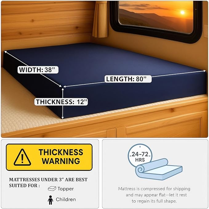Foamma 12” x 38” x 80” Water Resistant RV Bunk Mattress, Firm High Density Foam, Comfortable and Durable Polyester Cover, Truck, Camper, Travel Trailer, Made in USA