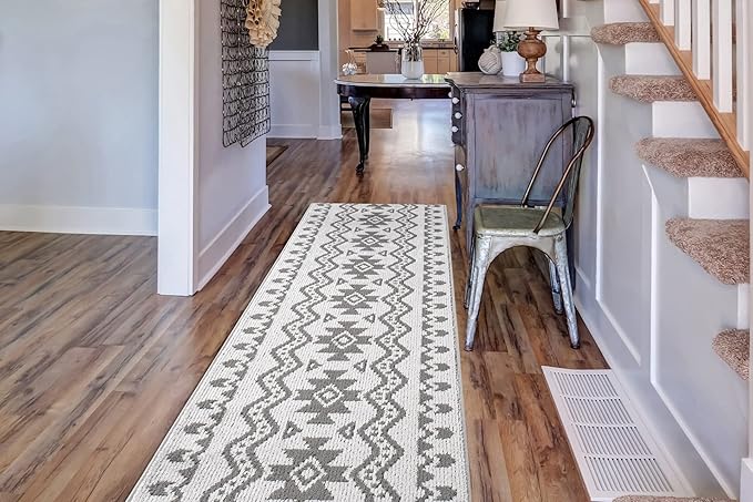 Custom Size Southwestern Style Runner Rug Mat for Wide Hallway Entryway Kitchen Laundry Room with Slip Resistant Latex Rubber Backing, Aztec Light Grey, 31 inch X 6 feet