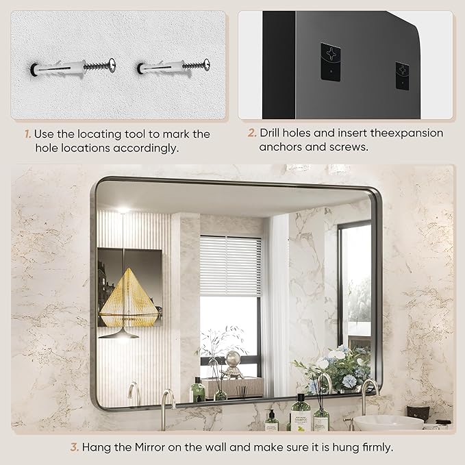 DUMOS Black Metal Framed Vanity Rounded Rectangle Bathroom Mirrors for Over Sink Wall, 36x24 Inch Large Matte Mirror, Modern Decorative for Restroom, Farmhouse, Horizontally or Vertically Hanging